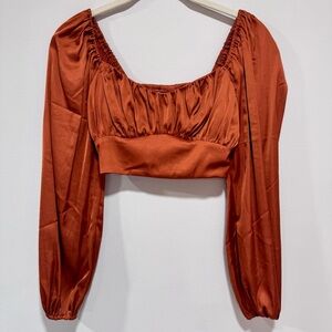 Abercrombie & Fitch Burnt Orange Long Sleeve Satin Cropped Top - XS